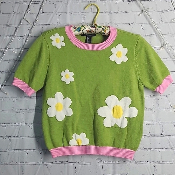 Forever 21 Vintage Inspired Springtime Daisy Floral Sweater Knit Top Womens Sz L - Picture 8 of 16